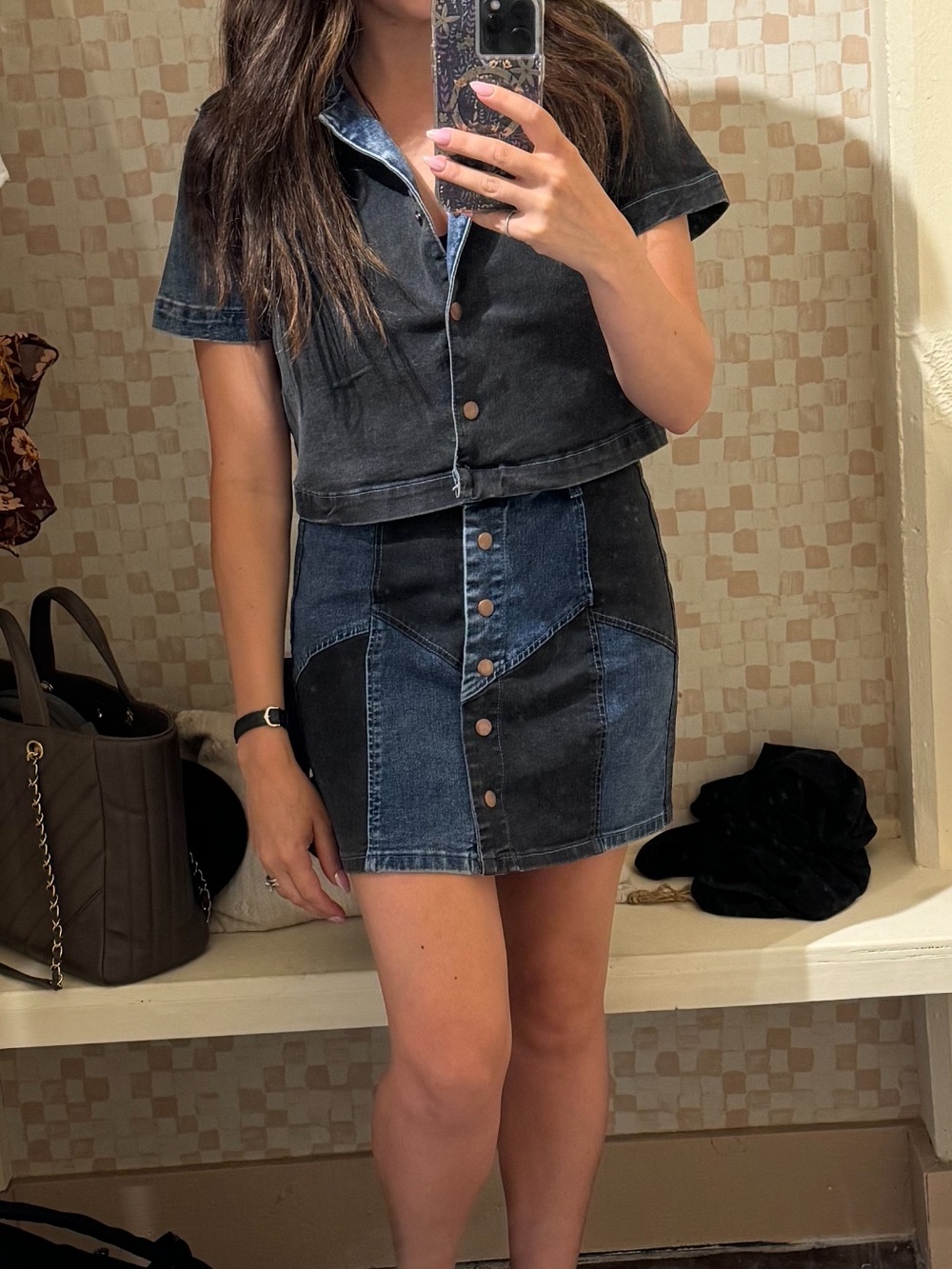 Two-Tone Dark Blue Denim Patchwork Mini Skirt and Top